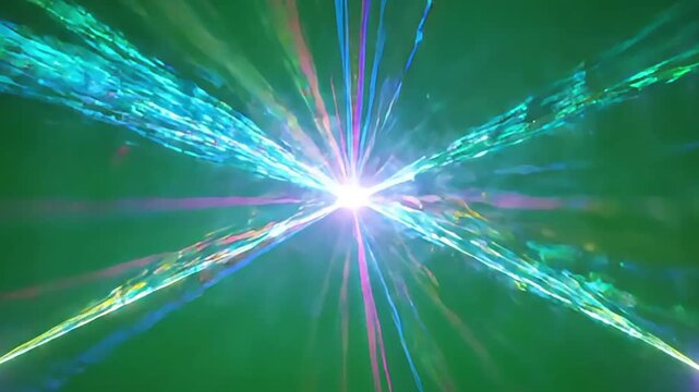 Dynamic laser light beams crossing in a dark atmosphere creating a vibrant neon abstract pattern with high energy motion and futuristic visual effects
