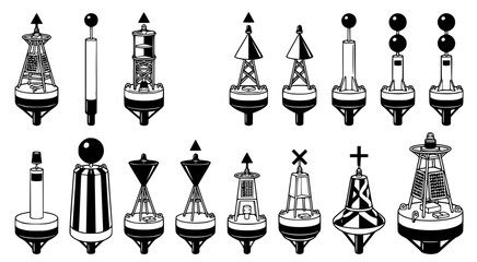 Technical illustration set of marine navigation buoys and maritime signaling markers for nautical chart design and coastal engineering projects in black and white line art © aminul
