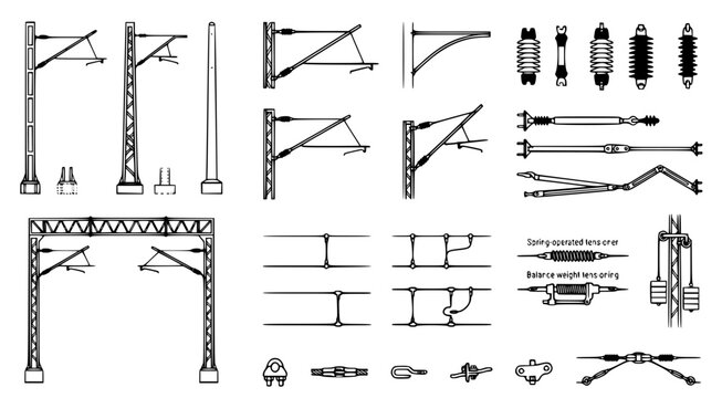 Technical drawing set of railway overhead line equipment and catenary system components for electrical engineering and infrastructure design in black and white line art