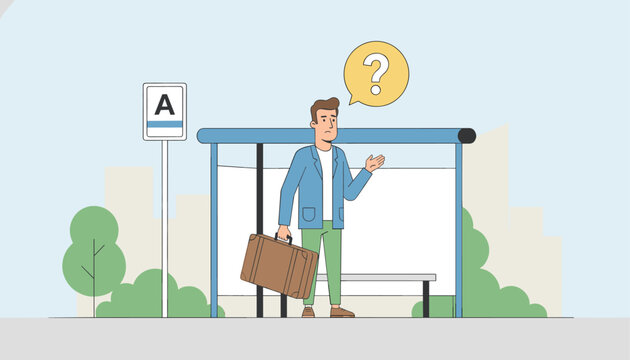 Confused male traveler holding a suitcase and standing at a bus stop while waiting for public transport and wondering about his route.