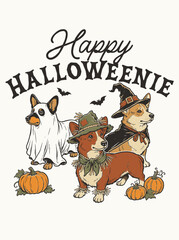 Fototapeta premium Vintage retro Corgi dogs in Halloween costumes with pumpkins, graphic illustration with Happy Halloweenie text for t-shirt design and holiday cards.