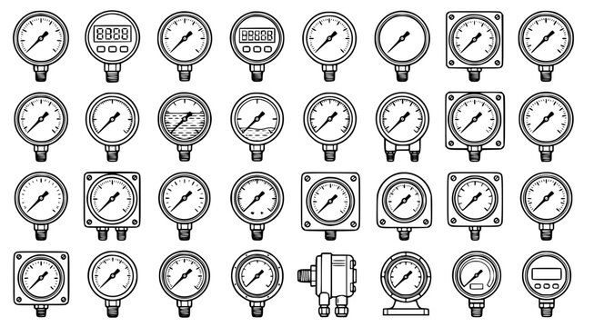 Set of diverse industrial pressure and flow measurement gauges in black and white line art vector style for technical engineering and industrial automation documentation