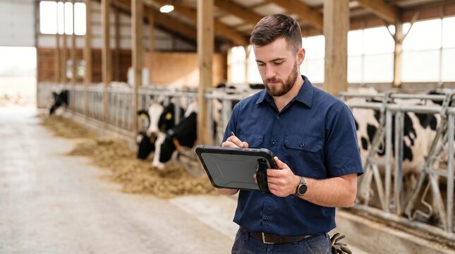 Young farmer using tablet in barn. Modern agriculture professional monitoring livestock data.