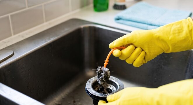 Person Wearing Yellow Rubber Gloves Cleaning A Dirty Kitchen Sink Drain Clog With A Plastic Tool To Maintain Home Hygiene And Proper Water Drainage