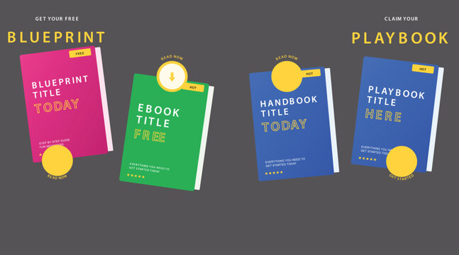 Modern ebook cover templates for blueprint and playbook, colorful digital handbook and lead magnet set, vector marketing book mockups