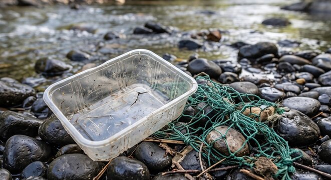 Plastic food container and discarded fishing net debris polluting a freshwater stream and rocky riverbank environmental waste concept