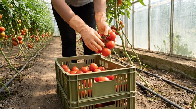 Greenhouse worker picking ripe cherry tomatoes into a crate