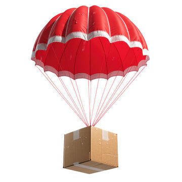 cardboard package with red parachute on white background for delivery concept air drop shipping supplies logistics e commerce package handling and marketing visuals