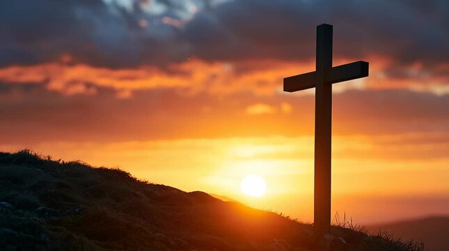 Traditional Christian Happy Easter religious resurrection concept with a cross silhouette