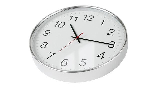 White analog wall clock with silver frame and black numbers