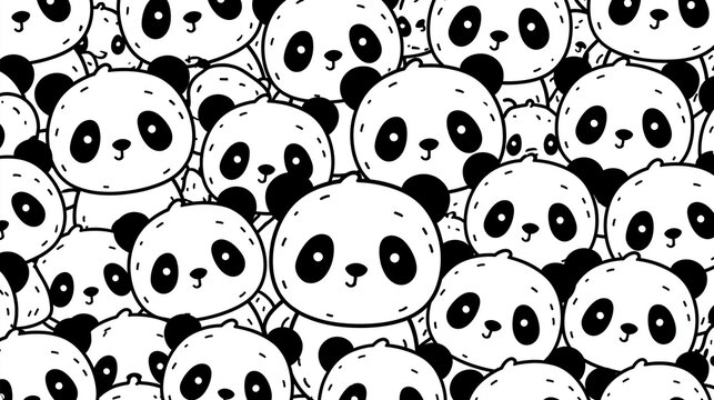 A playful pattern of cute cartoon pandas on a white background.
