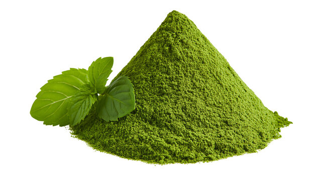 Green powder pile with fresh mint leaves
