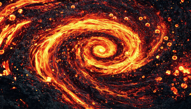 Aerial top view glowing red orange molten lava magma swirling vortex spiral with dark volcanic rock texture for extreme nature energy fire geothermal power wallpaper banner