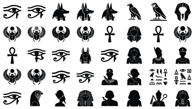 Collection of Ancient Egyptian vector icons including Eye of Horus, Anubis, winged scarab beetles, Ankh crosses, Pharaoh masks, falcon silhouettes, and various hieroglyphic symbols.