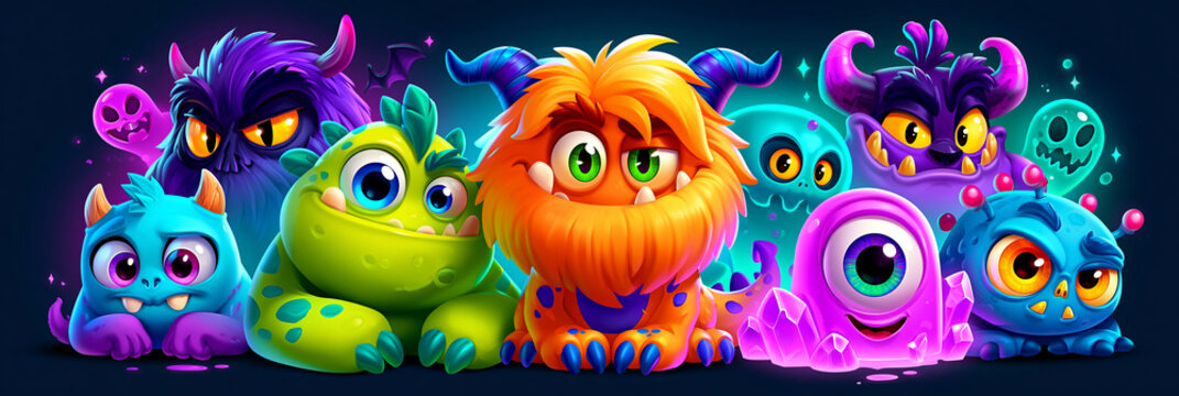 Colorful group of whimsical monsters with playful expressions in a vibrant setting.