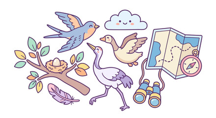 Fototapeta premium Birding adventure illustration with wildlife and maps.
