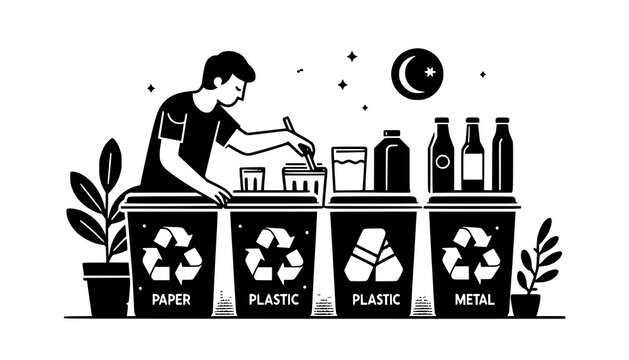 Person sorts household waste into designated recycling bins to promote environmental sustainability and responsible waste management practices.