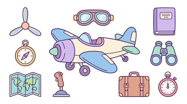 Cartoon pilot gear and airplane icon collection.