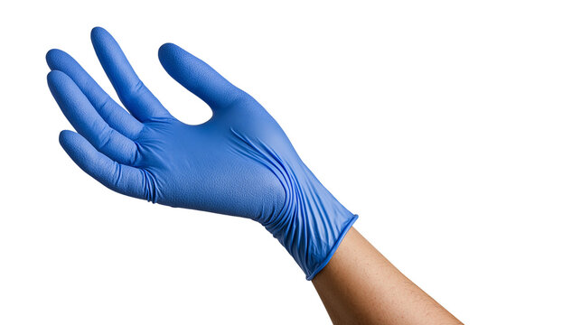 Blue nitrile glove on human hand