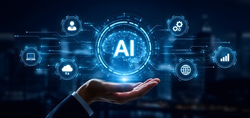 Fototapeta premium AI Technology Sphere – Futuristic innovation, digital intelligence, cloud computing, data systems, network, gears, analytics, human connection, cityscape, modern technology