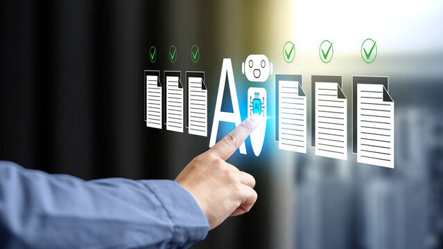 Businessman interacting with a futuristic holographic interface showing AI document processing, verification, and automation. Concept of Smart Office Automation