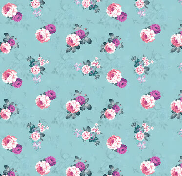  Light blue vintage floral seamless pattern with pink roses, delicate shabby chic background layout