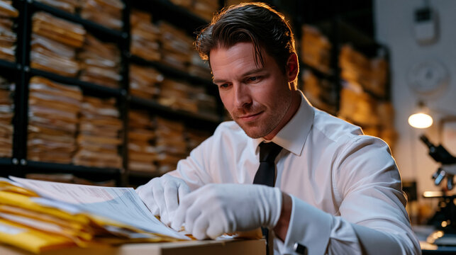 Archivist at national records facility carefully unsealing declassified budget documents from acid-free storage boxes, dim preservation lighting, rows of floor-to-ceiling shelving behind, white cott