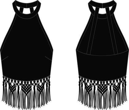 Black halter neck crop top technical drawing with macrame fringe hem sketch