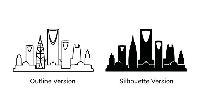 Riyadh Skyline: Iconic outline and silhouette representations of the modern Riyadh cityscape, showcasing a cluster of contemporary skyscrapers and architectural landmarks.
