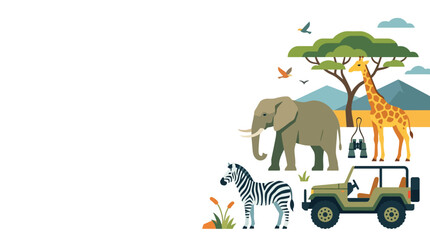 Obraz premium Corner safari illustration with African animals and vehicle.