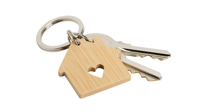 Wooden house shape keychain with heart cutout and metal keys