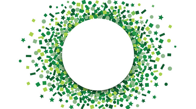 Green confetti circle frame illustration featuring geometric shapes and flat festive design elements for celebrations