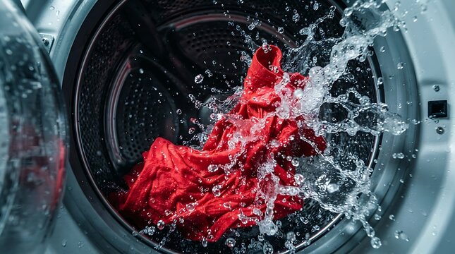 Red garment being washed inside a modern frontloading washing machine
