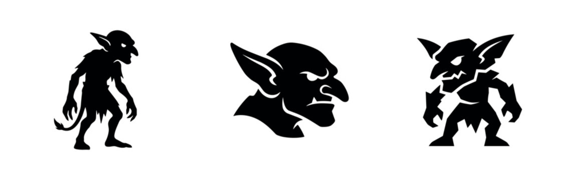 Mischievous Black Goblin Silhouettes Set - Fantasy Imp and Monster Icons