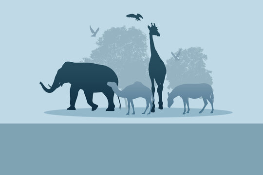 Minimalist blue silhouette illustration of safari animals including an elephant, giraffe, camel, and zebra under a sky with flying birds. Concept of World Animal Day