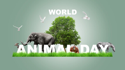 Obraz premium Banner celebrating World Animal Day featuring wildlife like an elephant, zebra, orangutan, and birds around a central tree. Concept of World Animal Day