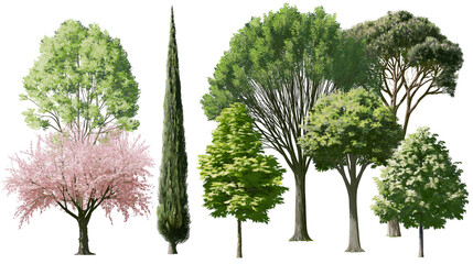 Assortment of deciduous and coniferous trees with pink blossoms © Rowan