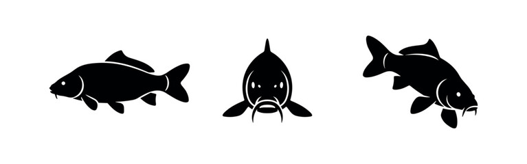 Naklejka premium Black Silhouettes of Carp Fish in Different Angles, Freshwater Aquatic Life