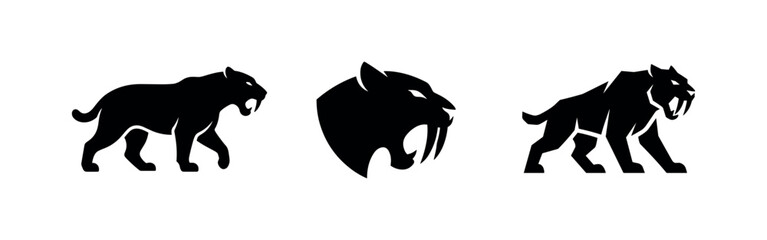Fototapeta premium Black Silhouettes of Saber-toothed Tigers and Smilodon Icons, Prehistoric Felines