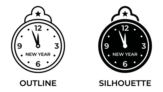 New Year Countdown Clocks: Two stylized clocks, one outline and one silhouette, show nearly midnight, signaling the imminent arrival of the New Year.