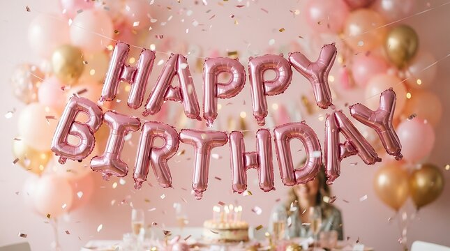 Happy birthday foil balloons with confetti and blurred party background