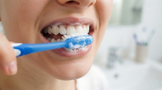 Closeup of a person brushing their teeth with a blue toothbrush