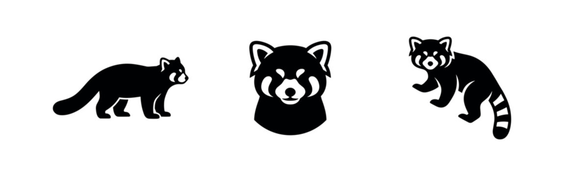 Red panda icon set, vector illustration of cute endangered animal silhouette, great for wildlife conservation.