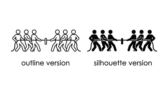 Tug of War Illustration: Two teams of stick figures engage in a tug of war, presented in both outline and silhouette versions, symbolizing competition and conflict.