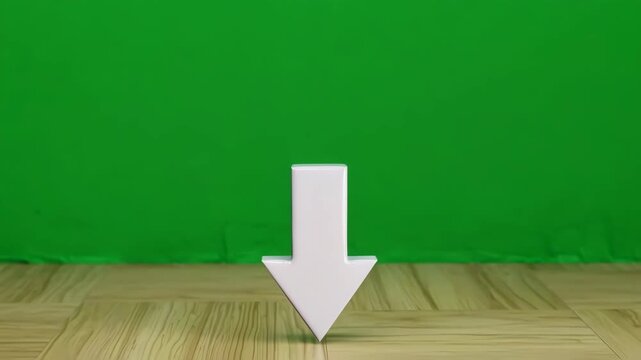 Green screen background with white arrows pointing down on wooden floor transition