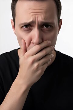 Close-up portrait of a young Caucasian man with brown hair, standing against a seamless pure white studio background. His face is visibly weary