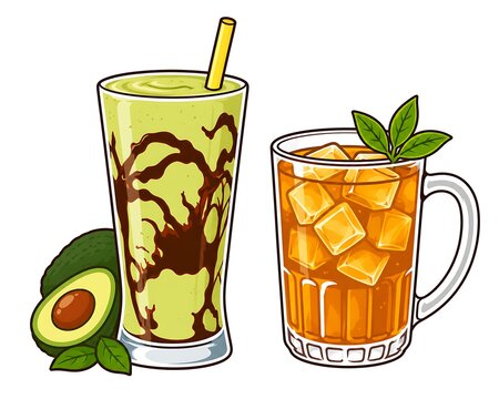 Vector Illustration of Avocado Chocolate Smoothie and Iced Tea Isolated on White Background