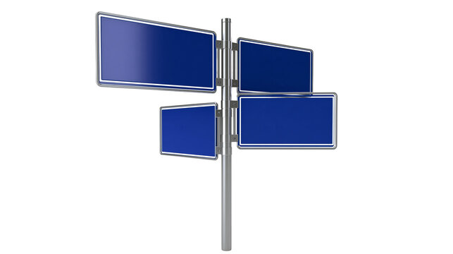 Blank blue directional street signs on metal pole
