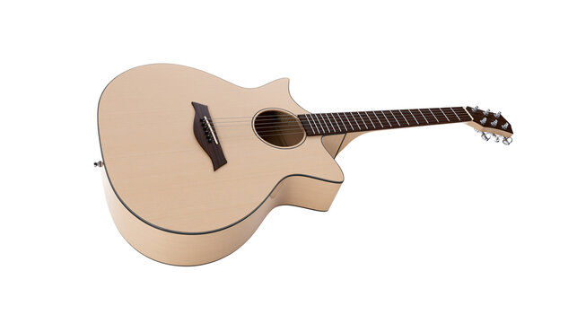 Acoustic guitar with a light wood finish and black binding