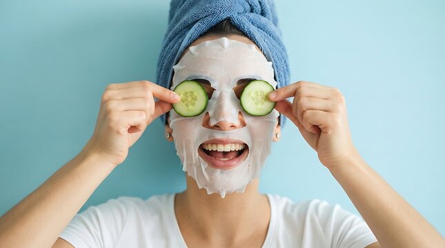 Young woman with a facial sheet mask and cucumber slices on her eyes